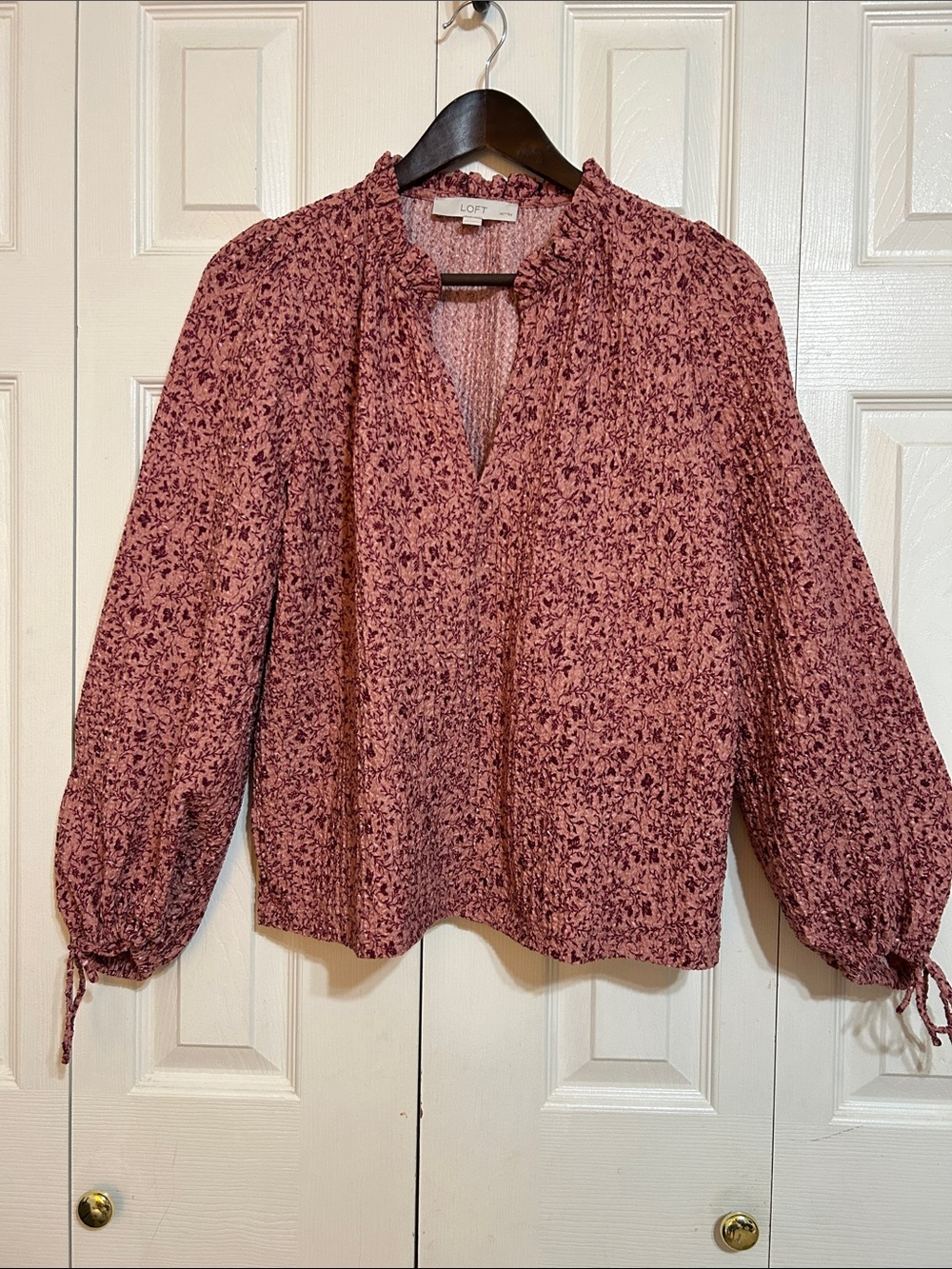 LOFT Rose-Pink Smocked Neck Long Sleeve Blouse